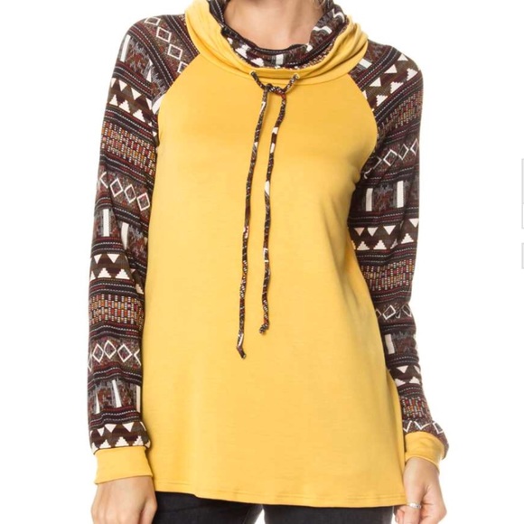 Mustard Aztec Print Long Sleeve Cowl Neck - Picture 2 of 5